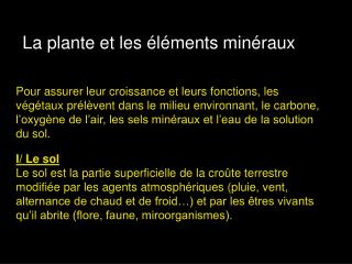 La plante et les éléments minéraux