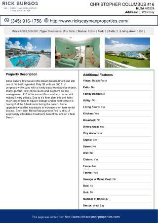 CHRISTOPHER COLUMBUS #16 for Sale in West Bay - Cayman Residential Property