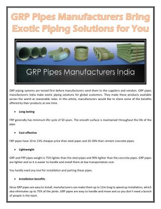 GRP Pipes Manufacturers Bring Exotic Piping Solutions for You