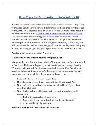 Have fixes for avast antivirus in windows 10
