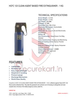 Ceasefire Designer HCFC 123 Clean Agent Based Extinguisher – 1 Kg Specifications & Features