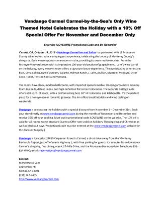 Vendange Carmel Carmel-by-the-Sea’s Only Wine Themed Hotel Celebrates the Holiday with a 10% Off Special Offer For Novem