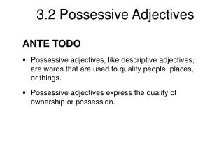 ANTE TODO Possessive adjectives, like descriptive adjectives, are words that are used to qualify people, places, or thin