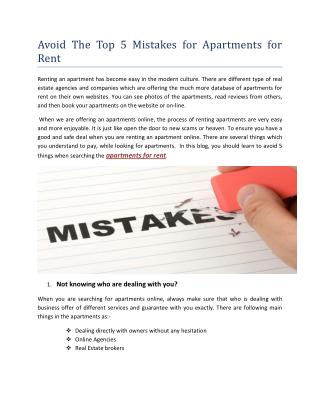 Avoid the Top 5 Mistakes for Apartments for Rent
