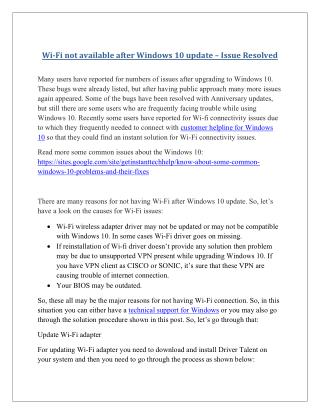 Wi fi not available after windows 10 update – issue resolved