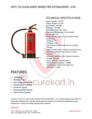 Ceasefire HCFC 123 Clean Agent Fire Extinguisher - 4 kg Features & Specifications