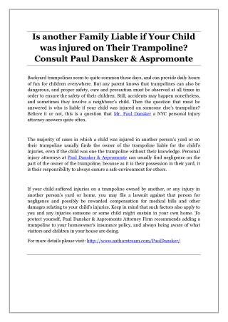Is another Family Liable if Your Child was injured on Their Trampoline? Consult Paul Dansker & Aspromonte