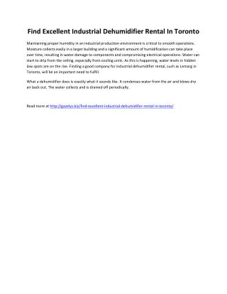 Find Excellent Industrial Dehumidifier Rental In Toronto