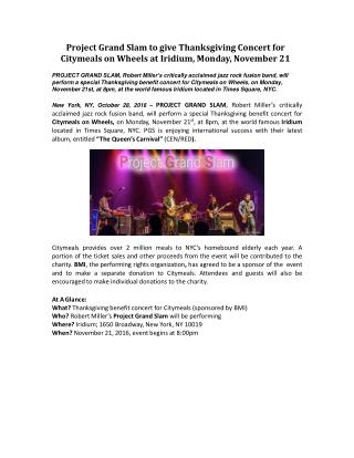Project Grand Slam to give Thanksgiving Concert for Citymeals on Wheels at Iridium