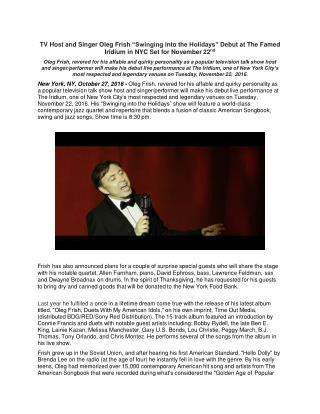 TV Host and Singer Oleg Frish “Swinging into the Holidays” Debut at The Famed Iridium in NYC Set for November 22nd