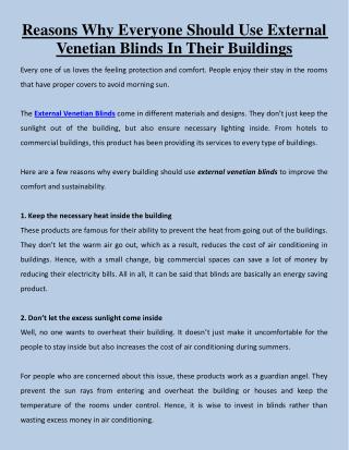 Reasons Why Everyone Should Use External Venetian Blinds In Their Buildings