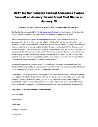 2017 Big Sur Foragers Festival Announces Fungus Face-off on January 14 and Grand Chef Dinner on January 15