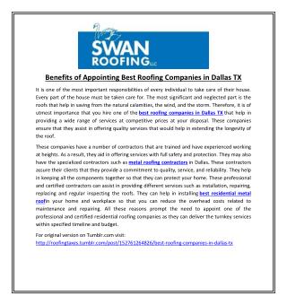 Benefits of Appointing Best Roofing Companies in Dallas TX