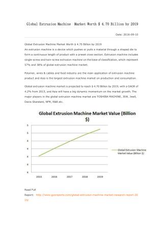 Global Extrusion Machine Market Worth $ 4.70 Billion by 2019