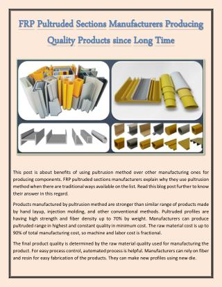 FRP Pultruded Sections Manufacturers Producing Quality Products Since Long Time