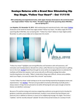 Souleye Returns with a Brand New Stimulating Hip Hop Single, “Follow Your Heart” – Out 11/11/16