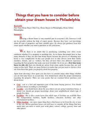 Things that you have to consider before obtain your dream house in Philadelphia