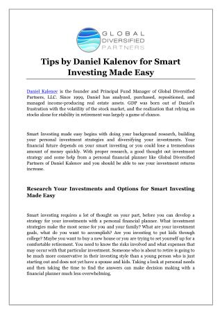 Tips by Daniel Kalenov for Smart Investing Made Easy