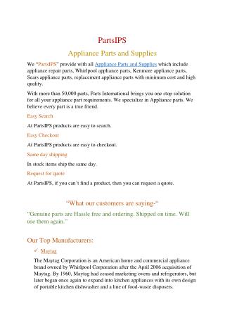 Parts International - Appliance Parts and Supplies