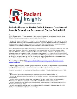 RaQualia Pharma Inc Market Research and Development, Pipeline Review 2016