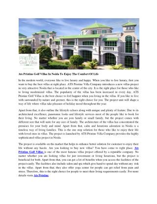 Ats Pristine Golf Villas In Noida To Enjoy The Comfort Of Life