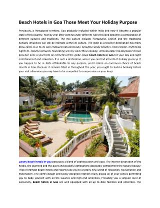 Beach Hotels in Goa Those Meet Your Holiday Purpose