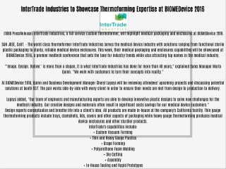 InterTrade Industries to Showcase Thermoforming Expertise at BIOMEDevice 2016