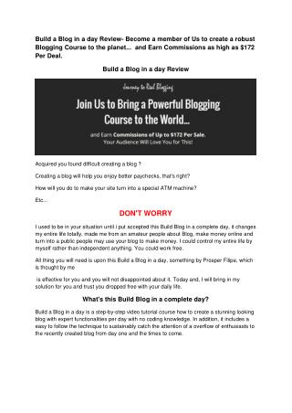 Build A Blog In A Day Review- Join Us to Bring a Powerful Blogging Course to the World and Earn Commissions of Up to $1