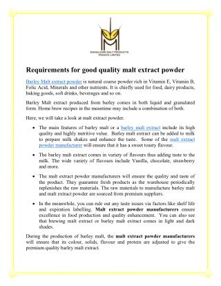 Requirements for good quality malt extract powder