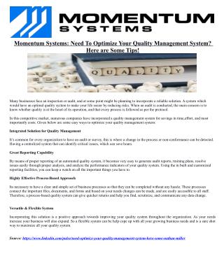Momentum Systems: Need To Optimize Your Quality Management System? Here are Some Tips!