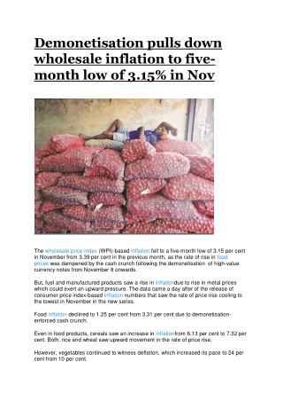 Demonetisation pulls down wholesale inflation to five-month low of 3.15% in Nov