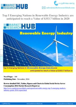 Top 5 Emerging Nations in Renewable Energy Industry are anticipated to reach a Value of $353.7 billion in 2020