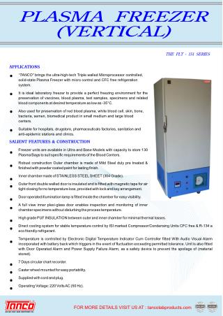 Plasma Freezer | Manufacturer and Supplier | Tanco Lab Products