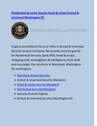 Residential Security Guards Hotel & motel Armed & Unarmed Washington DC