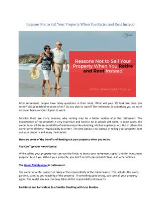 Reasons Not to Sell Your Property When You Retire and Rent Instead