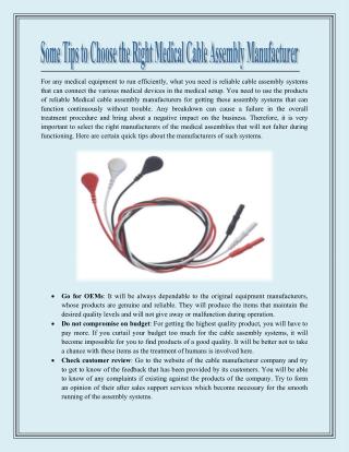 Some Tips to Choose the Right Medical Cable Assembly Manufacturer