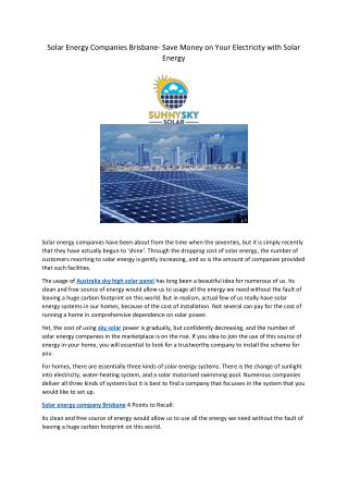 Solar Energy Companies Brisbane- Save Money on Your Electricity with Solar Energy