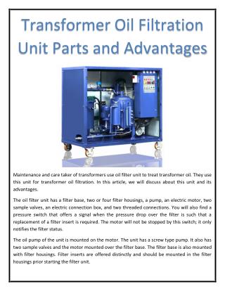 Transformer Oil Filtration Unit Parts and Advantages