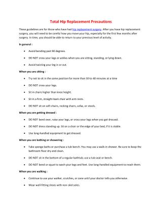 Total Hip Replacement Precautions