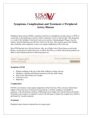 Symptoms, Complications and Treatment of Peripheral Artery Disease