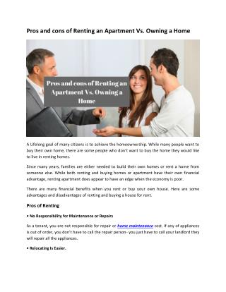 Pros and cons of Renting an Apartment Vs. Owning a Home