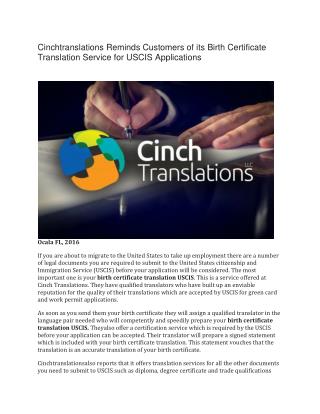 Cinchtranslations Reminds Customers of its Birth Certificate Translation Service for USCIS Applications