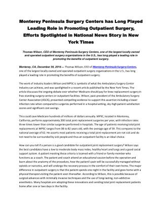Monterey Peninsula Surgery Centers has Long Played Leading Role in Promoting Outpatient Surgery