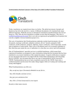 Cinchtranslations Reminds Customers of the Value of its USCIS Certified Translation Professionals