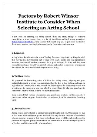 Factors by Robert Winsor Institute to Consider When Selecting an Acting School