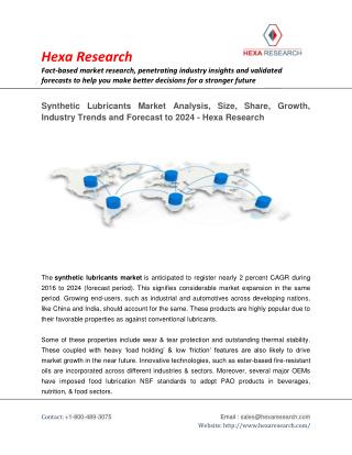 Synthetic Lubricants Market Analysis, Size, Share, Growth, Industry Trends and Forecast to 2024 - Hexa Research