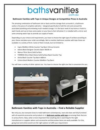 Bathroom Vanities with Tops in Unique Designs at Competitive Prices in Australia