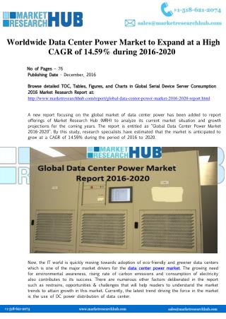 Worldwide Data Center Power Market to Expand at a High CAGR of 14.59% during 2016-2020