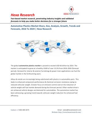 Automotive Plastics Market is Estimated to Cross USD 66 Billion by 2024 - Hexa Research