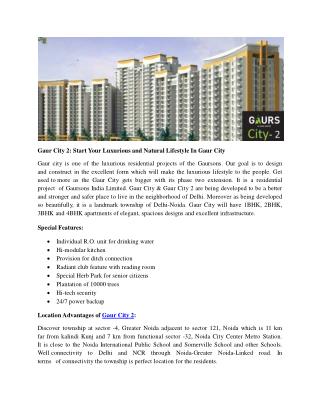 Gaur City 2: Start Your Luxurious and Natural Lifestyle In Gaur City